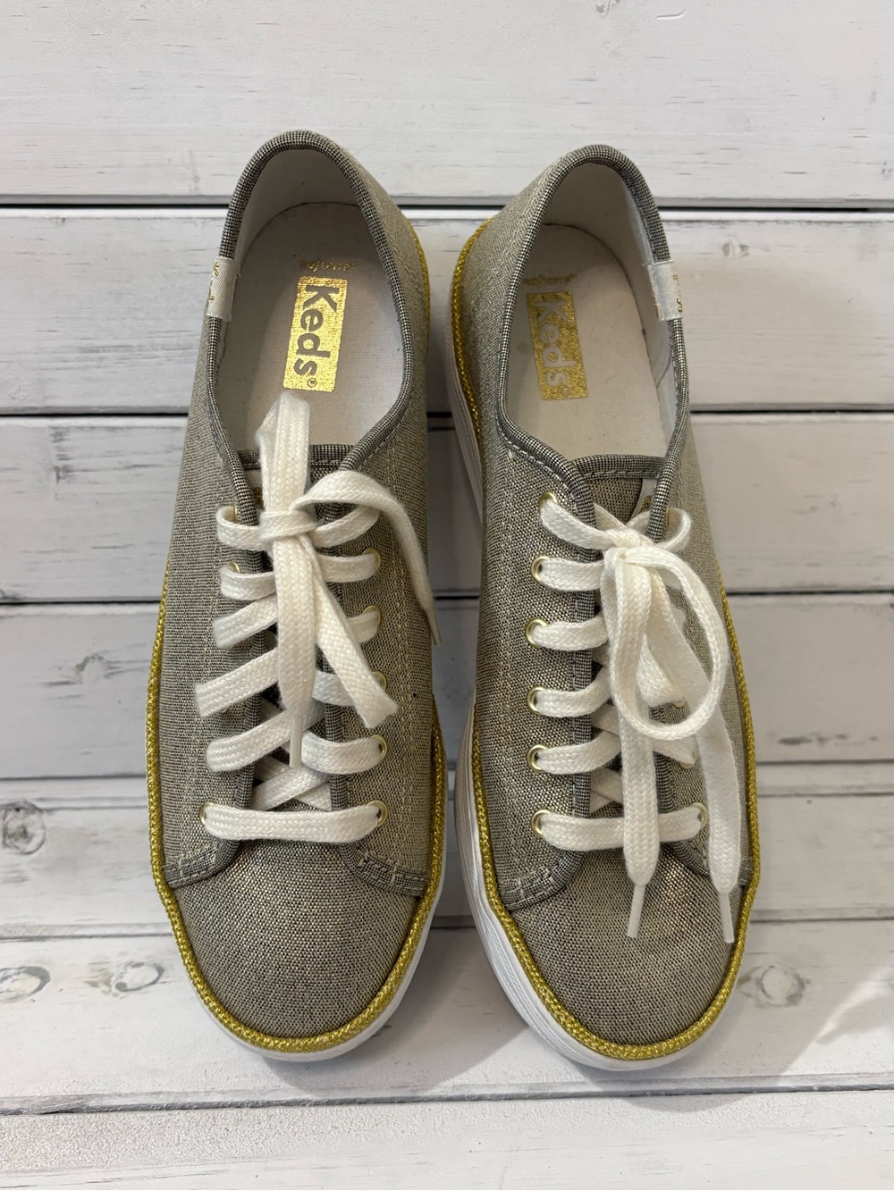 Keds Women's Gold-Trim Canvas Platform Sneakers in Champagne